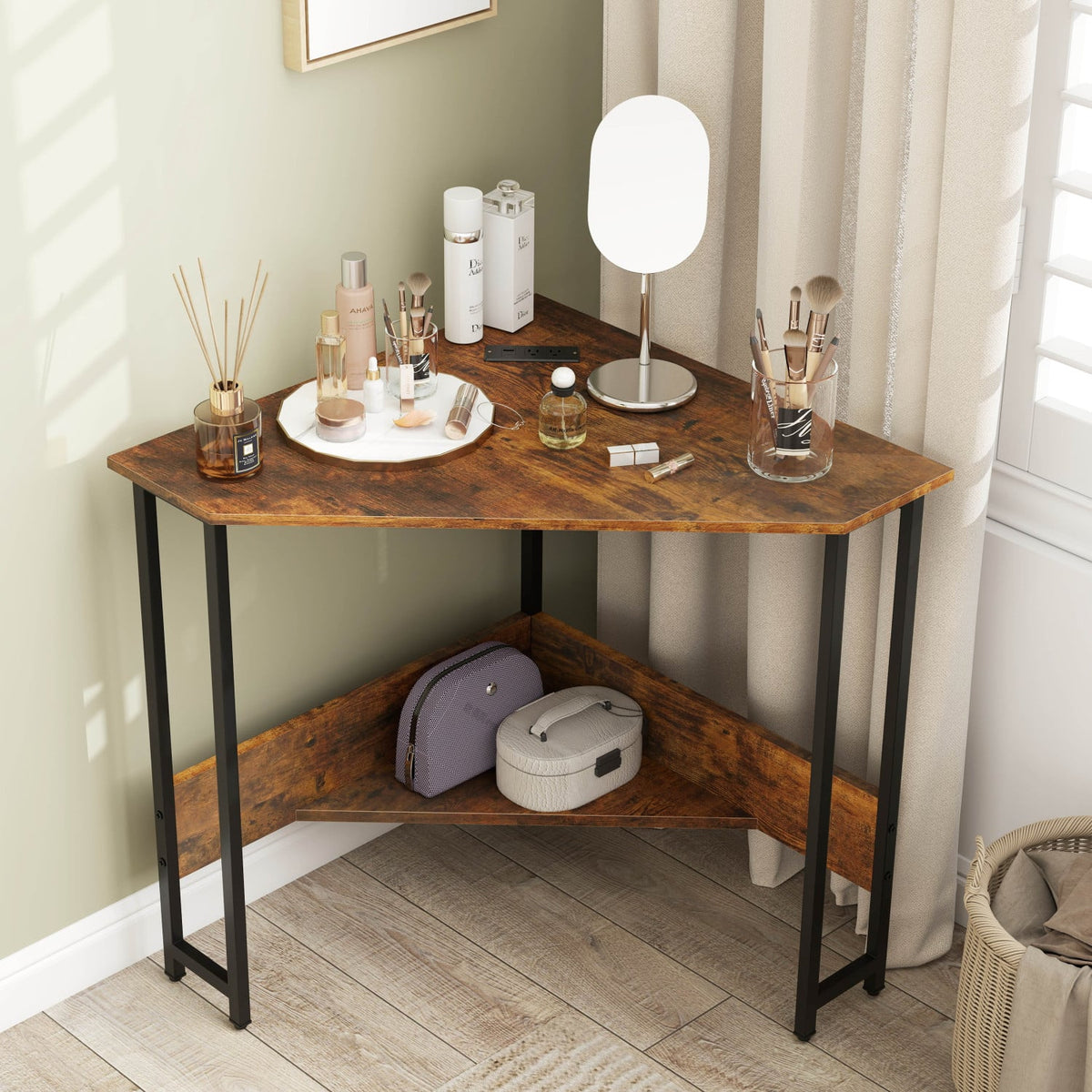 Triangle Computer Corner Desk with Charging Station-Rustic Brown-Corner Desks-DECOROLALA