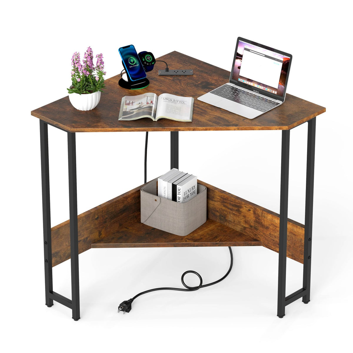 Triangle Computer Corner Desk with Charging Station-Rustic Brown-Corner Desks-DECOROLALA
