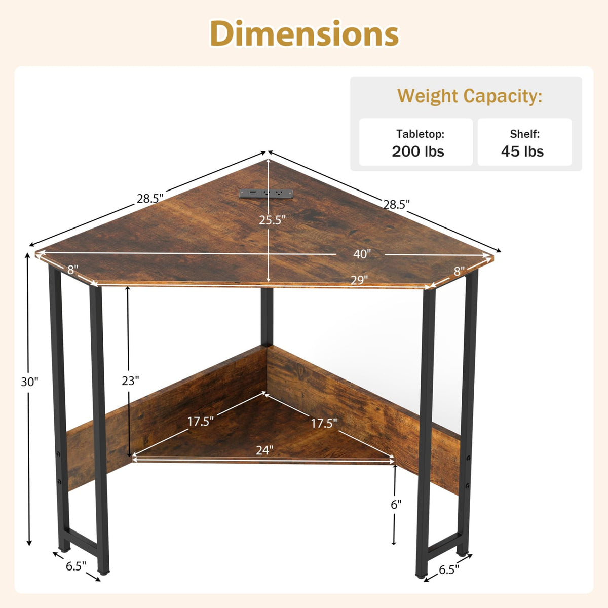 Triangle Computer Corner Desk with Charging Station-Rustic Brown-Corner Desks-DECOROLALA
