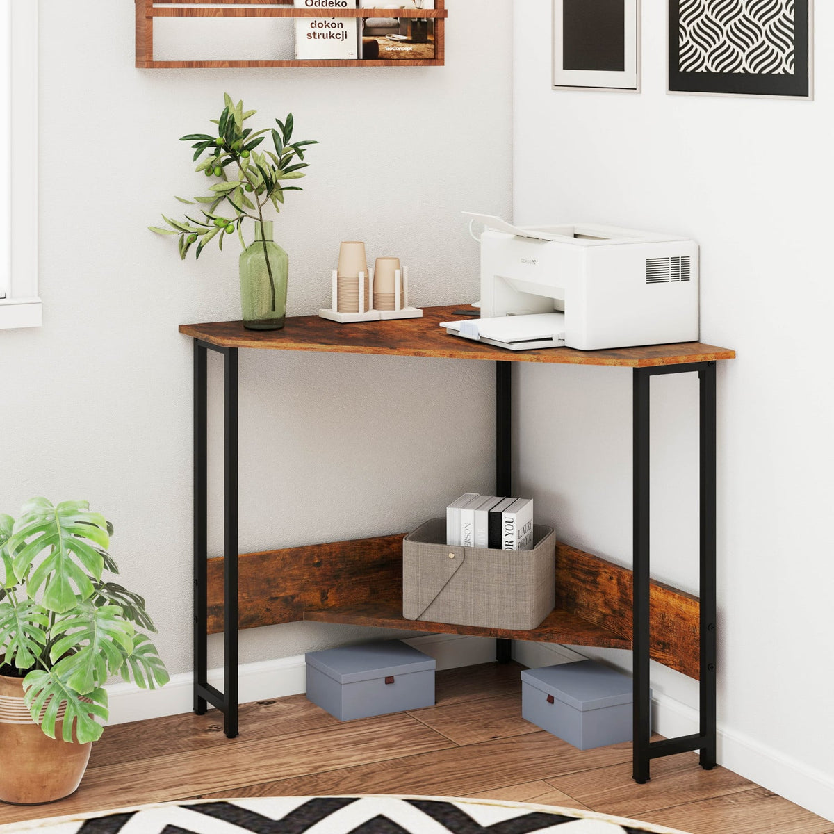 Triangle Computer Corner Desk with Charging Station-Rustic Brown-Corner Desks-DECOROLALA