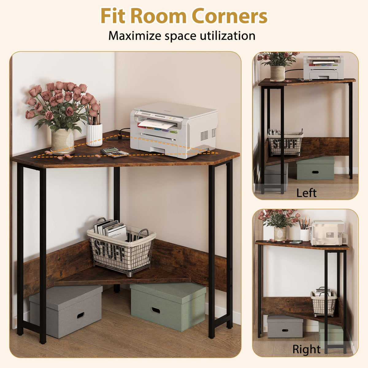 Triangle Computer Corner Desk with Charging Station-Rustic Brown-Corner Desks-DECOROLALA