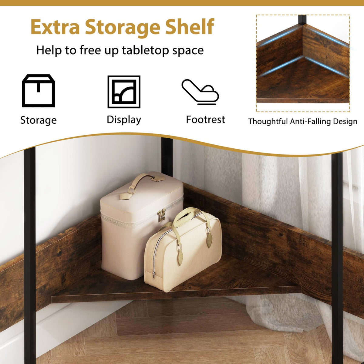 Triangle Computer Corner Desk with Charging Station-Rustic Brown-Corner Desks-DECOROLALA