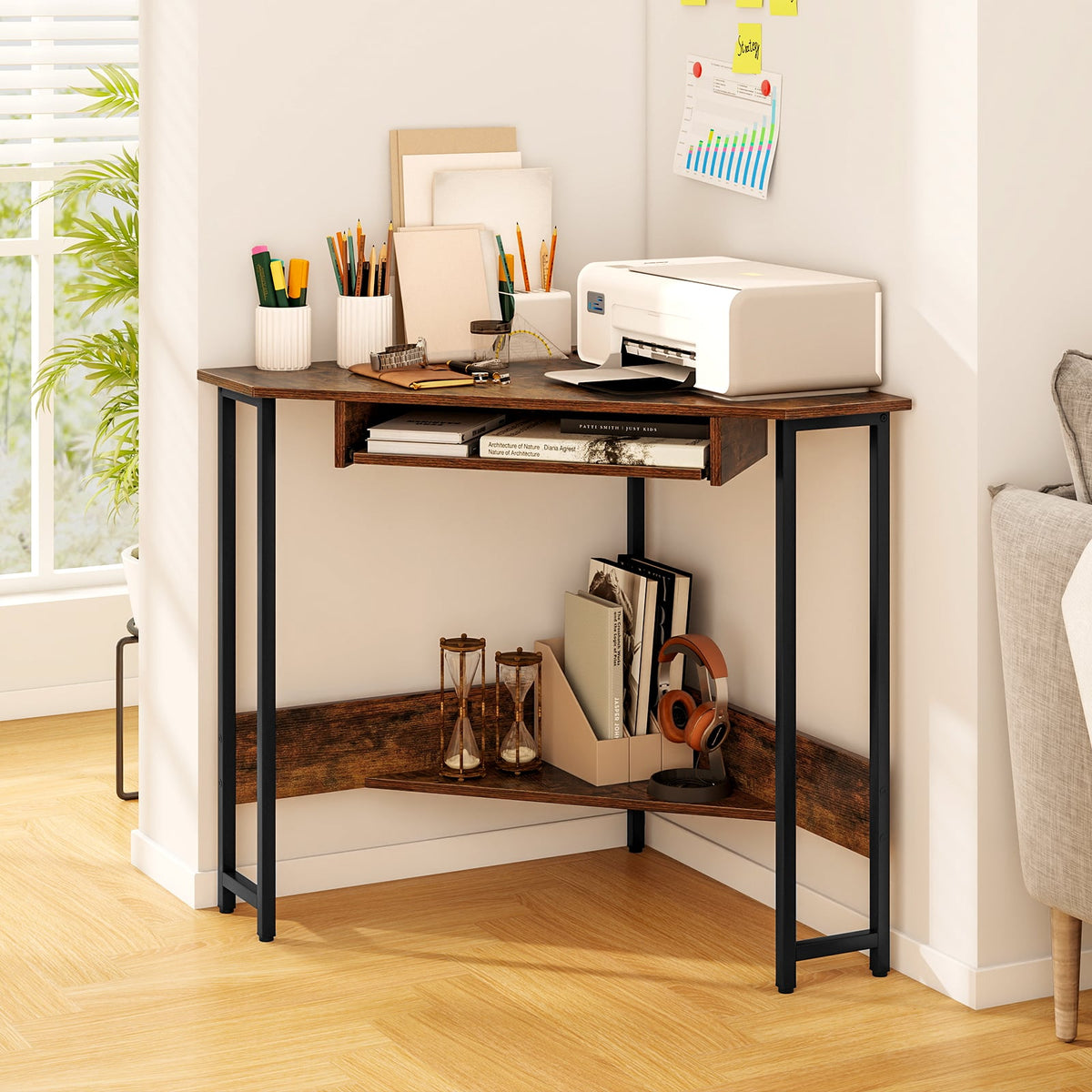 Triangle Corner Desk with Charging Station Keyboard Tray and Storage Shelf-Rustic Brown-Corner Desks-DECOROLALA
