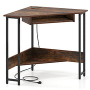 Triangle Corner Desk with Charging Station Keyboard Tray and Storage Shelf-Rustic Brown-Corner Desks-DECOROLALA