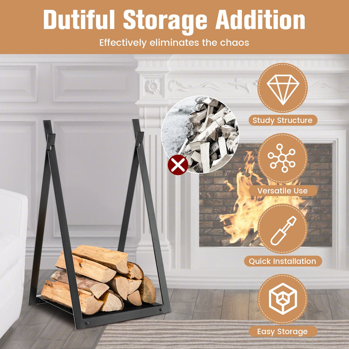 Triangle Firewood Rack with Raised Base for Fireplace Fire Pit-Black-Log Racks & Carriers-DECOROLALA
