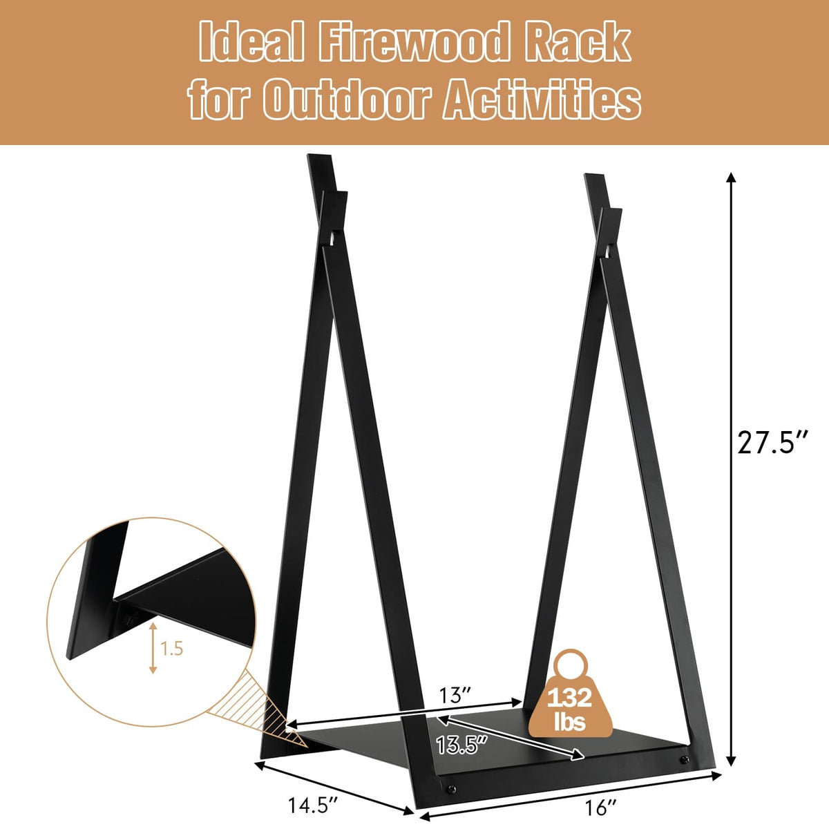 Triangle Firewood Rack with Raised Base for Fireplace Fire Pit-Black-Log Racks & Carriers-DECOROLALA