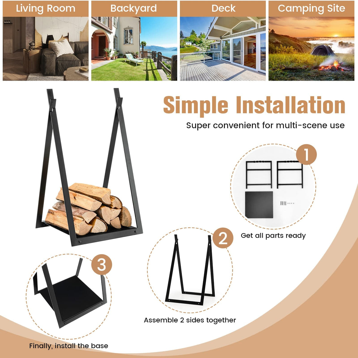Triangle Firewood Rack with Raised Base for Fireplace Fire Pit-Black-Log Racks & Carriers-DECOROLALA