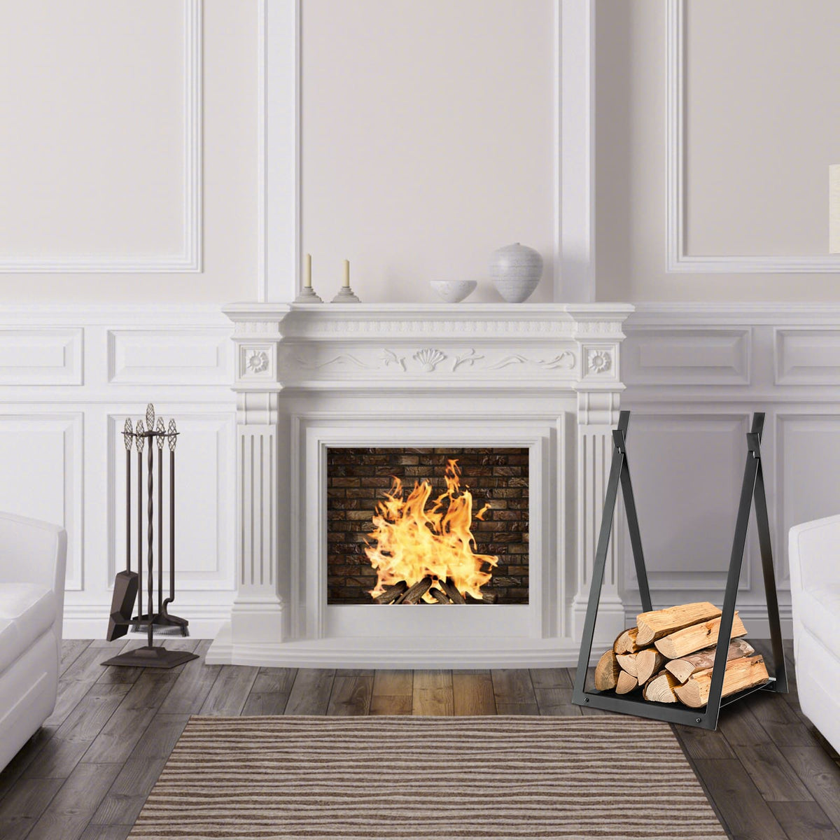 Triangle Firewood Rack with Raised Base for Fireplace Fire Pit-Black-Log Racks & Carriers-DECOROLALA