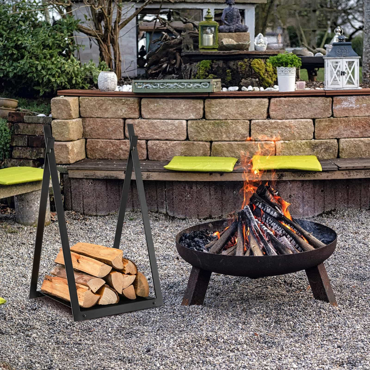 Triangle Firewood Rack with Raised Base for Fireplace Fire Pit-Black-Log Racks & Carriers-DECOROLALA