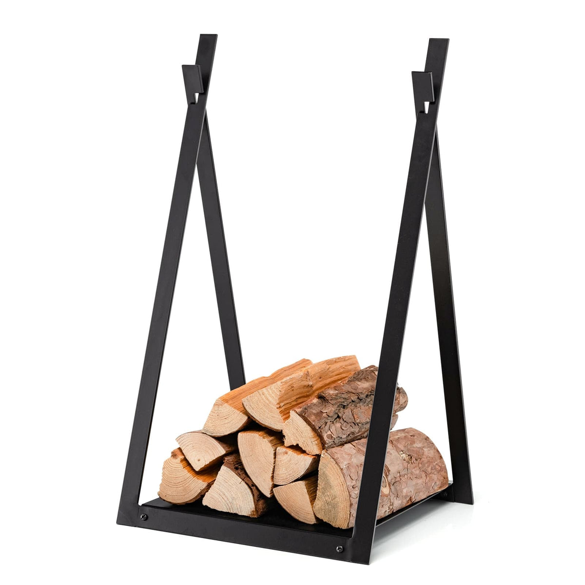 Triangle Firewood Rack with Raised Base for Fireplace Fire Pit-Black-Log Racks & Carriers-DECOROLALA