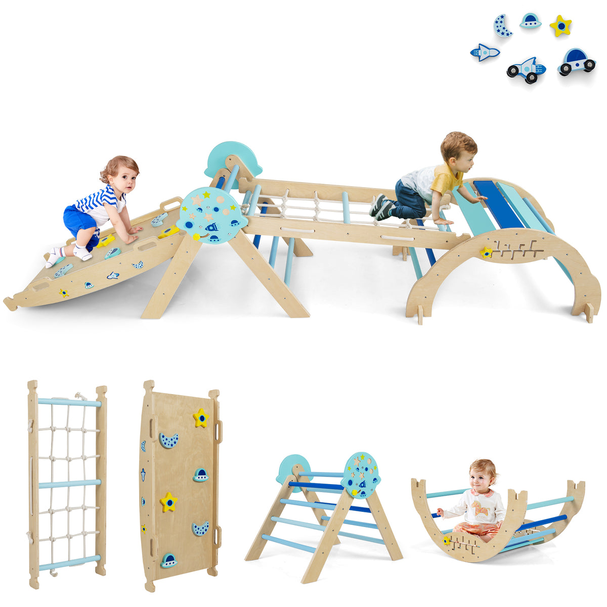 Ensemble triangle d’escalade Montessori pliable 9-en-1 - parcours de motricité intérieur en bois