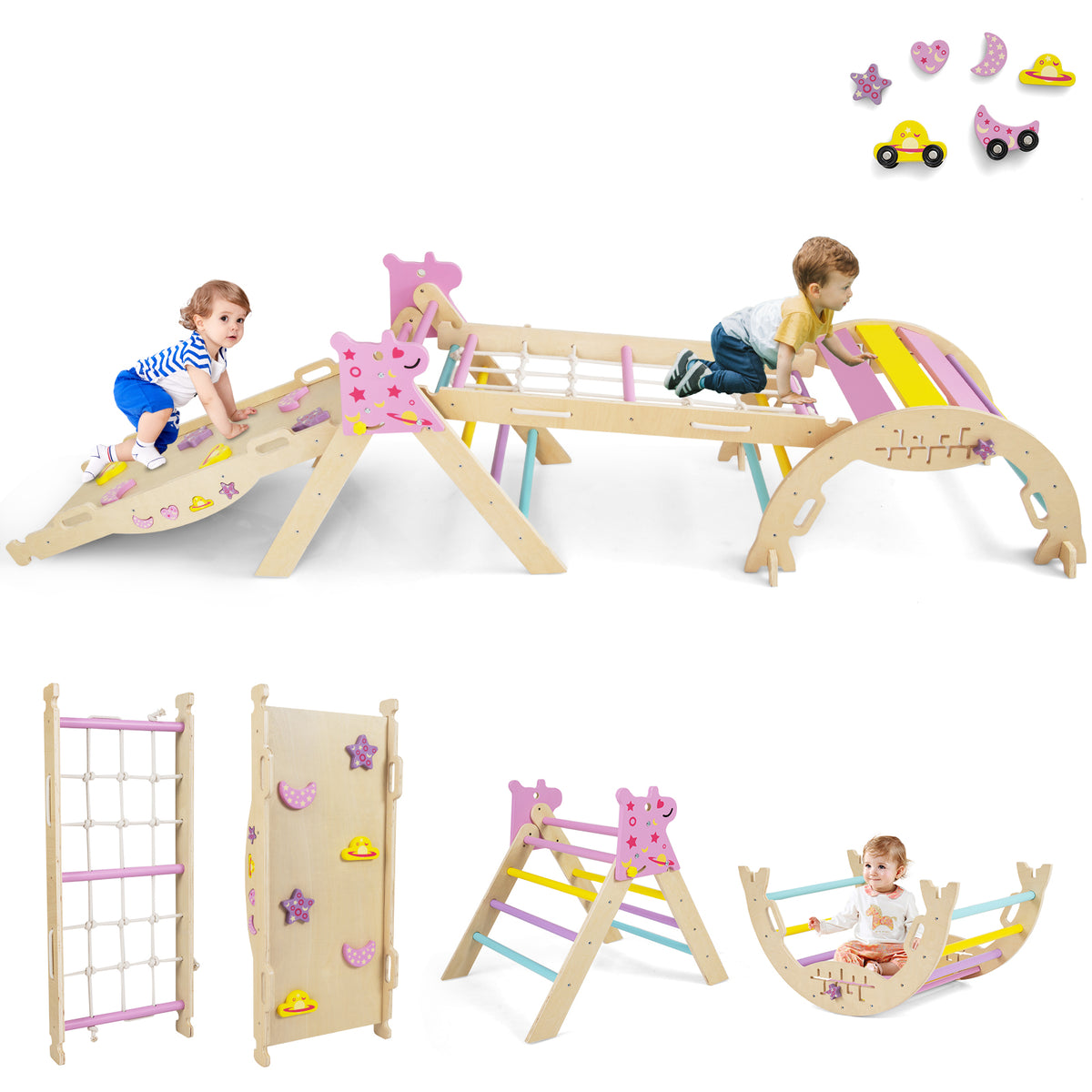Ensemble triangle d’escalade Montessori pliable 9-en-1 - parcours de motricité intérieur en bois