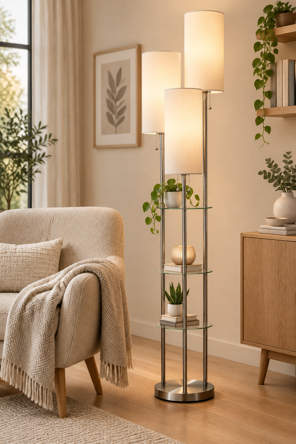 Trio Floor Lamp with Shelves - Satin Steel White-Lighting-DECOROLALA