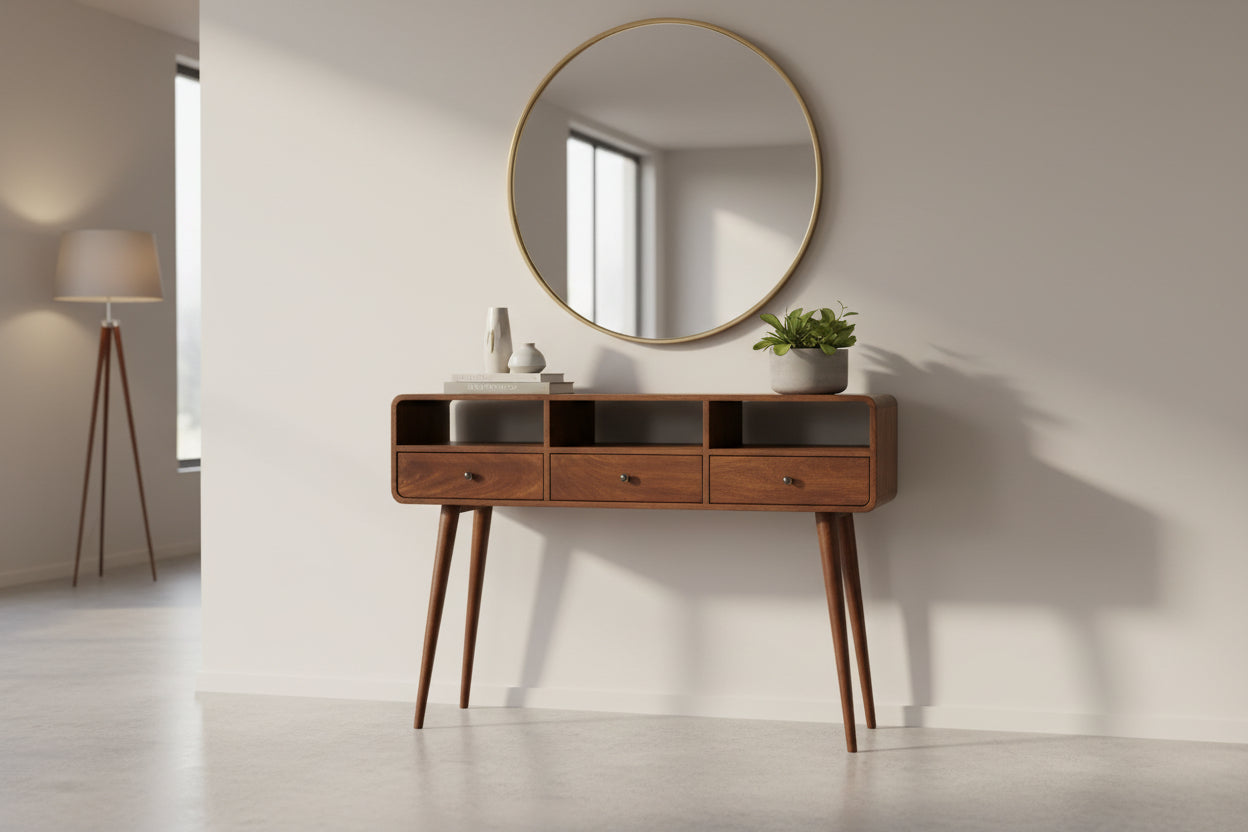 Triple Curved Chestnut Console Table - Solid Mango Wood 3 Drawer-Coffee Table-DECOROLALA