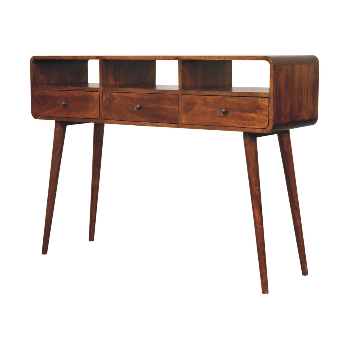 Triple Curved Chestnut Console Table - Solid Mango Wood 3 Drawer-Coffee Tables-DECOROLALA