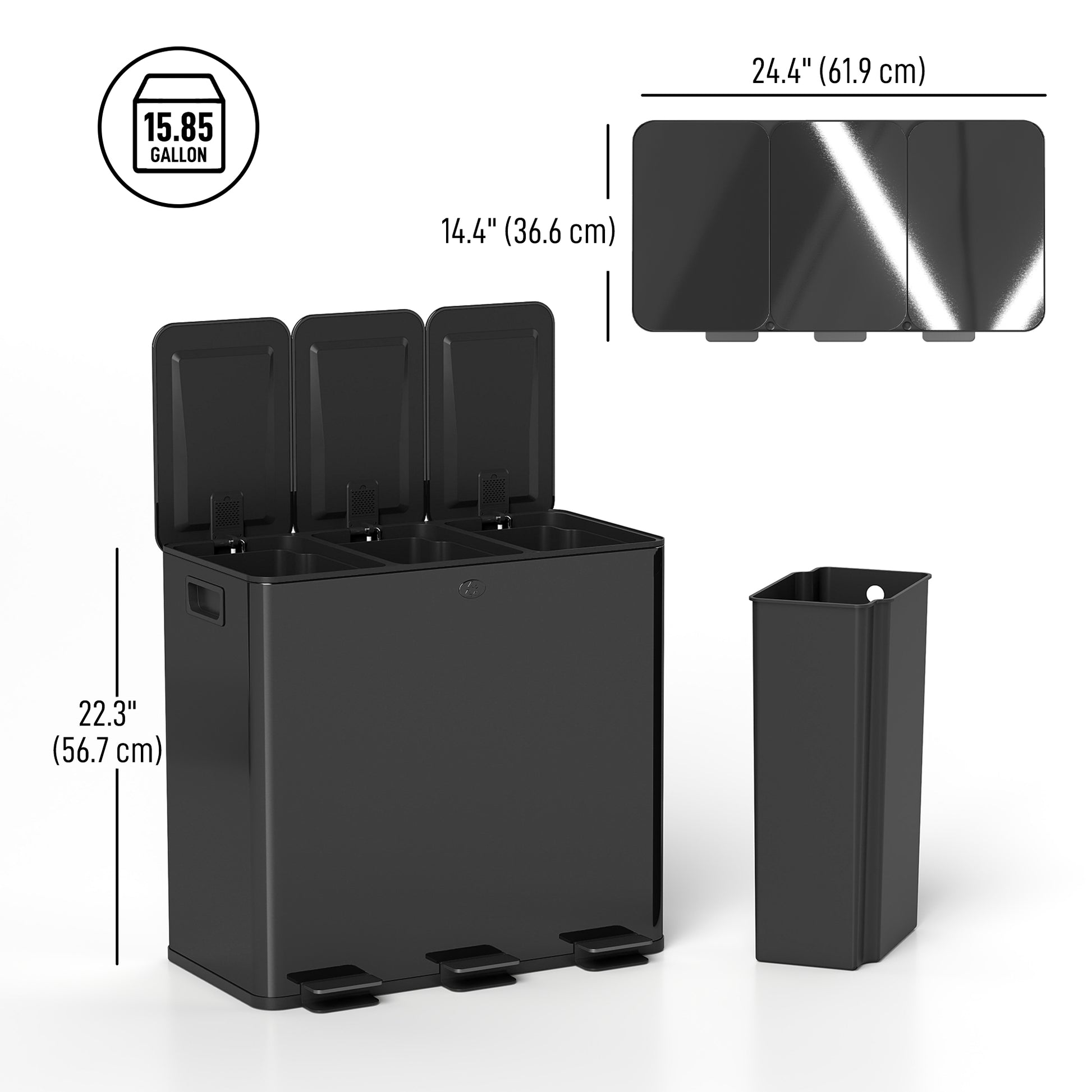 Triple Garbage Bin - 3 x 20L Stainless Steel Black-DECOROLALA