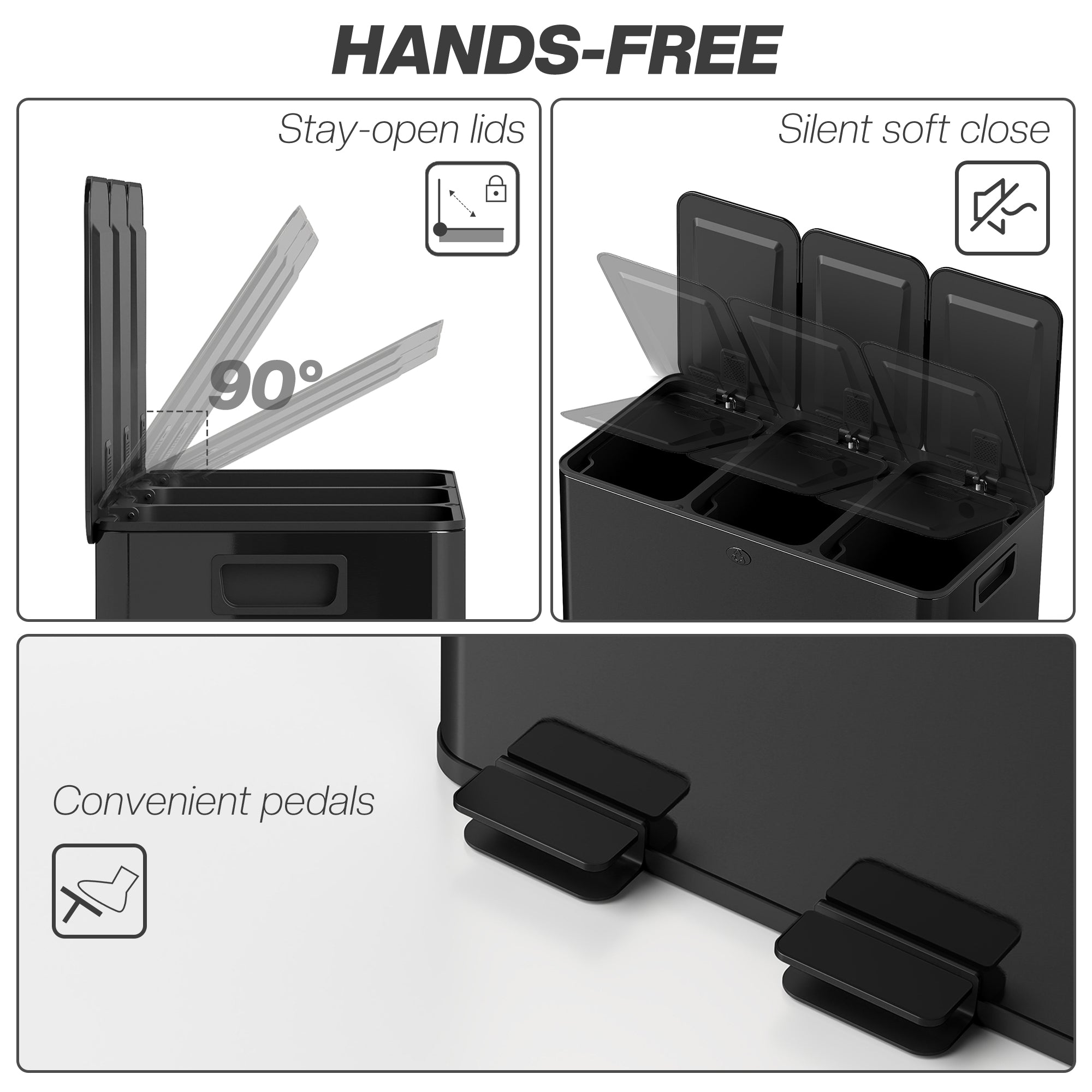 Triple Garbage Bin - 3 x 20L Stainless Steel Black-DECOROLALA