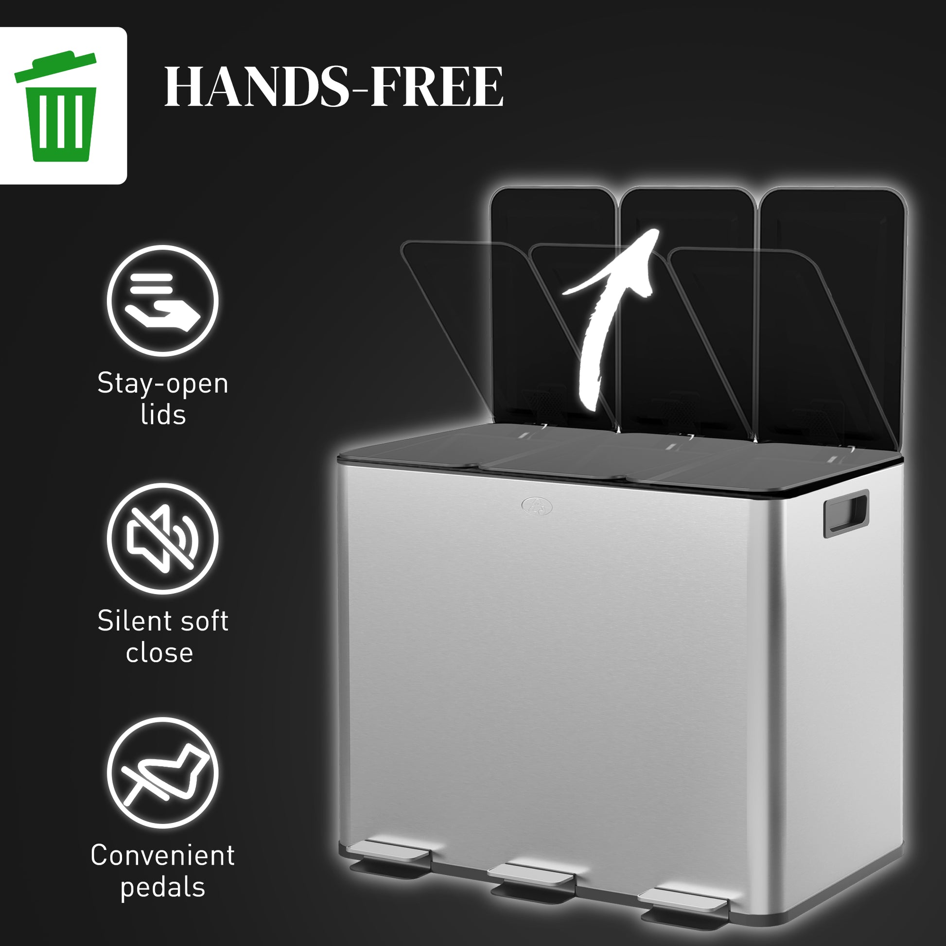 Triple Garbage Bin - 3x20L Stainless Steel Soft-Close Silver-DECOROLALA