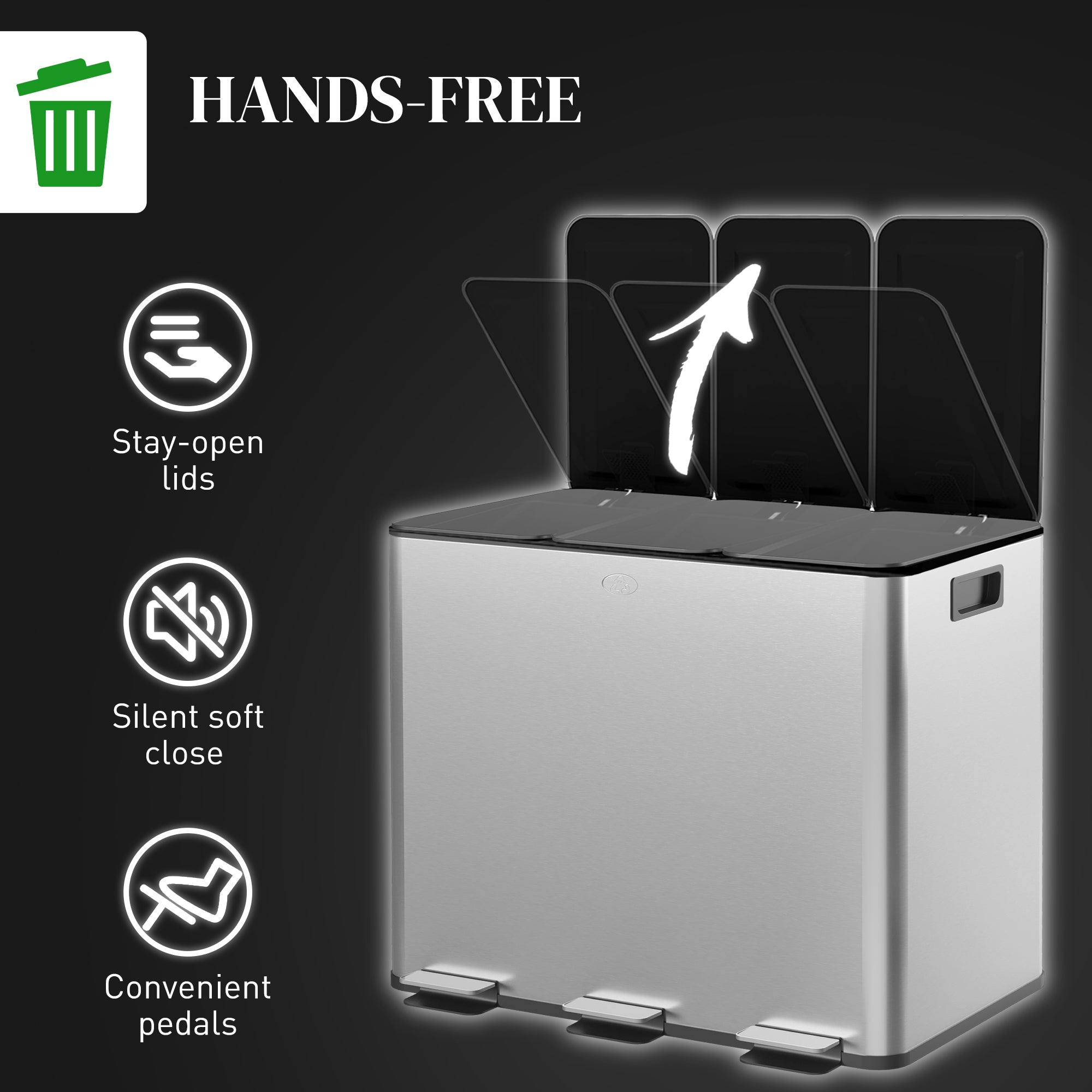 Triple Garbage Bin - 3x20L Stainless Steel Soft-Close Silver-DECOROLALA