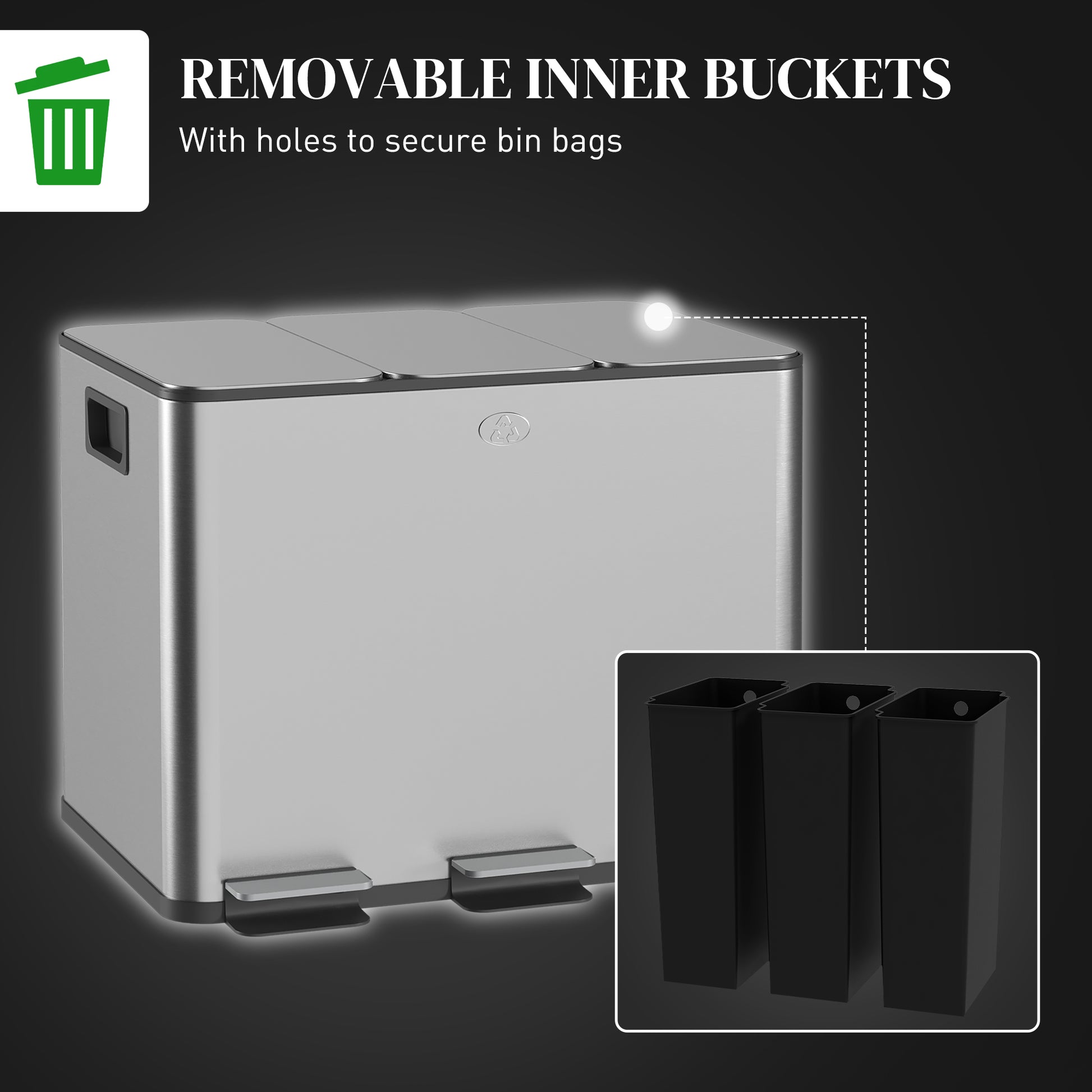 Triple Garbage Bin - 3x20L Stainless Steel Soft-Close Silver-DECOROLALA