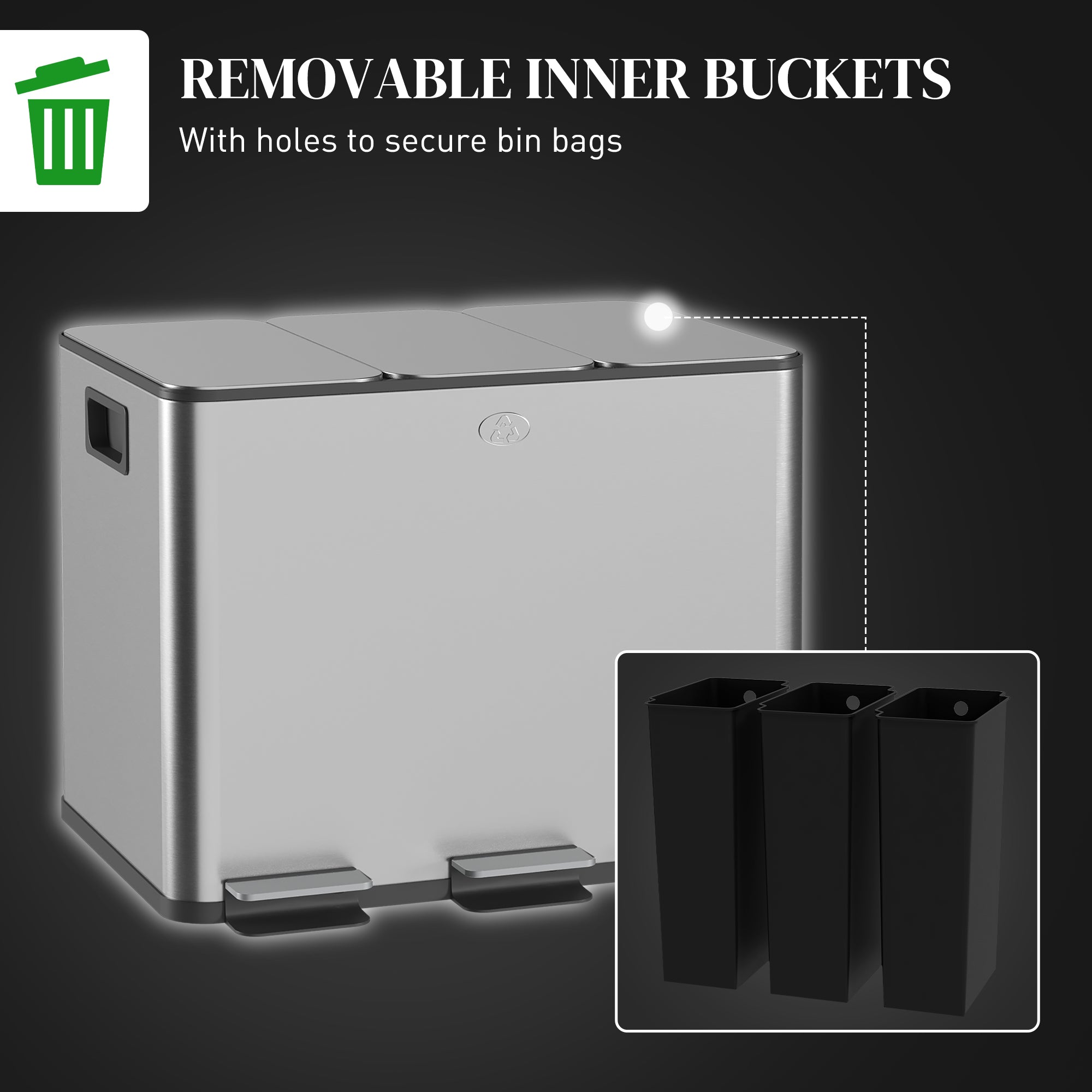 Triple Garbage Bin - 3x20L Stainless Steel Soft-Close Silver-DECOROLALA