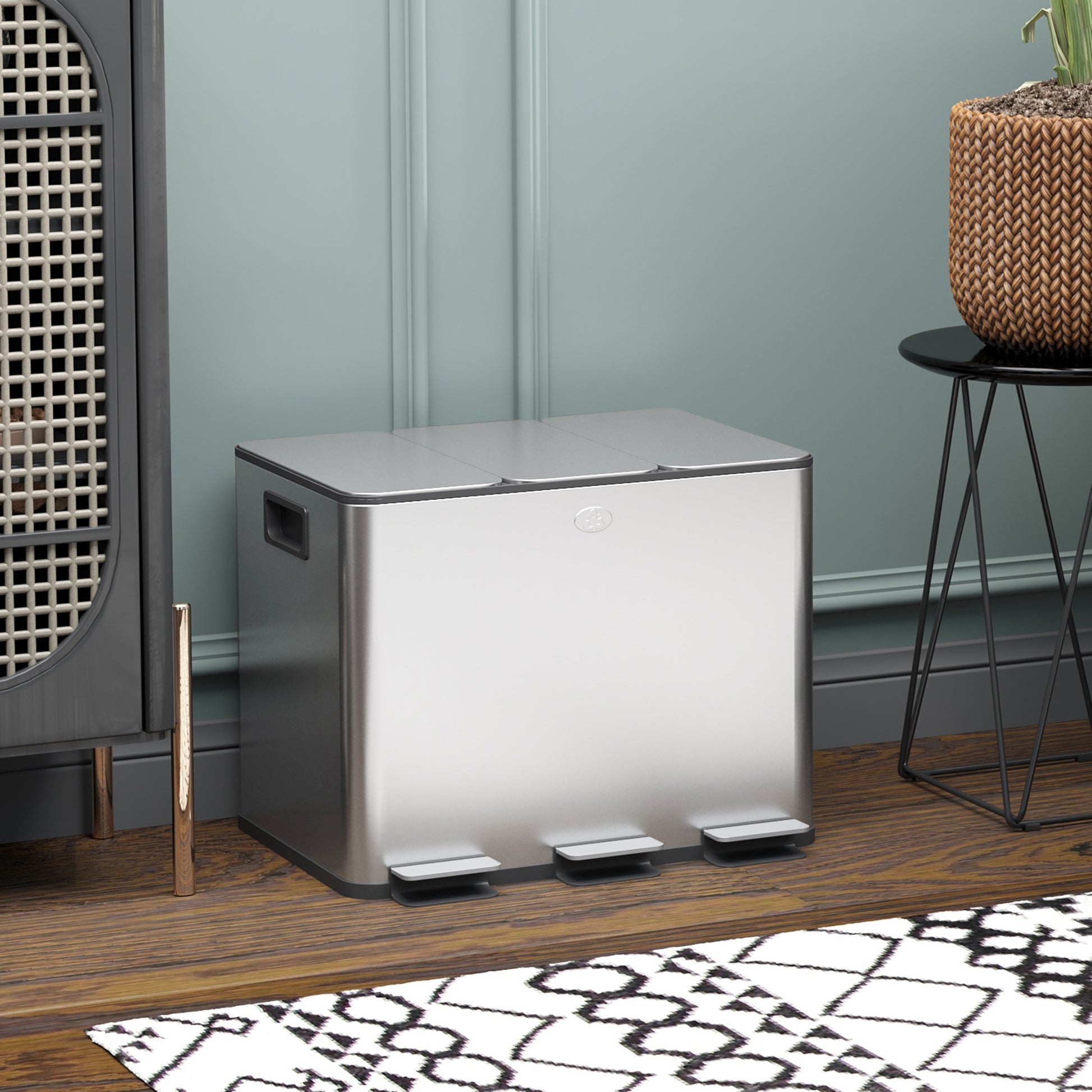 Triple Garbage Bin - 3x20L Stainless Steel Soft-Close Silver-DECOROLALA