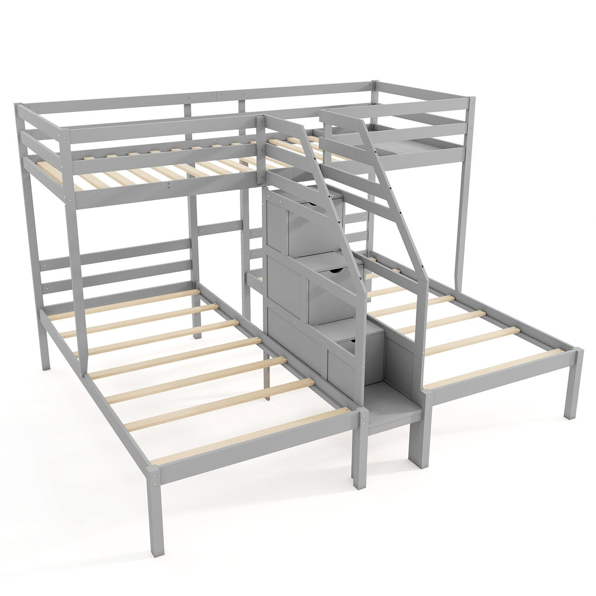 Triple Twin Bunk Bed with Storage Staircase and Guardrails - White-Bunk Bed Frame-DECOROLALA