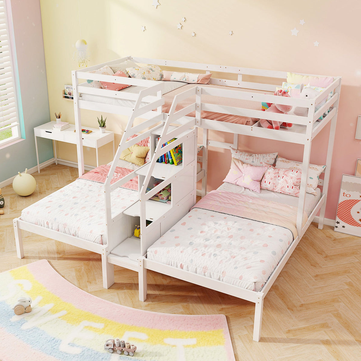 Triple Twin Bunk Bed with Storage Staircase and Guardrails - White-Bunk Bed Frame-DECOROLALA