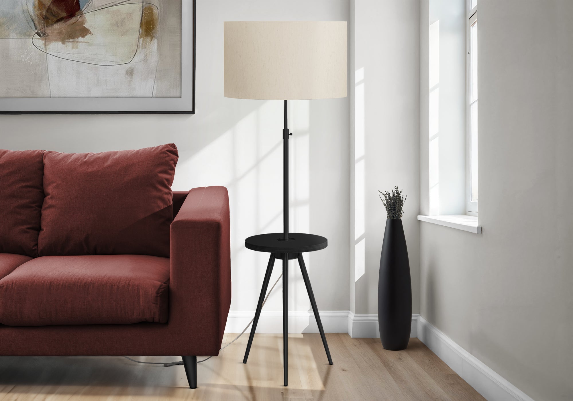 Tripod Floor Lamp 66"H Black Metal with Shelf-Lighting-DECOROLALA