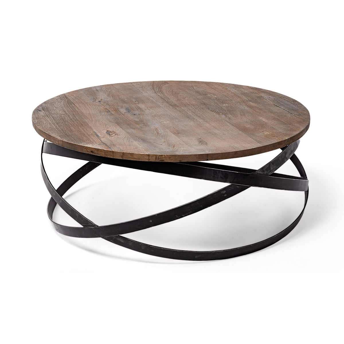 Triumph 40" Round Brown Solid Wood Top Black Metal Base Coffee Table-Coffee Tables-DECOROLALA