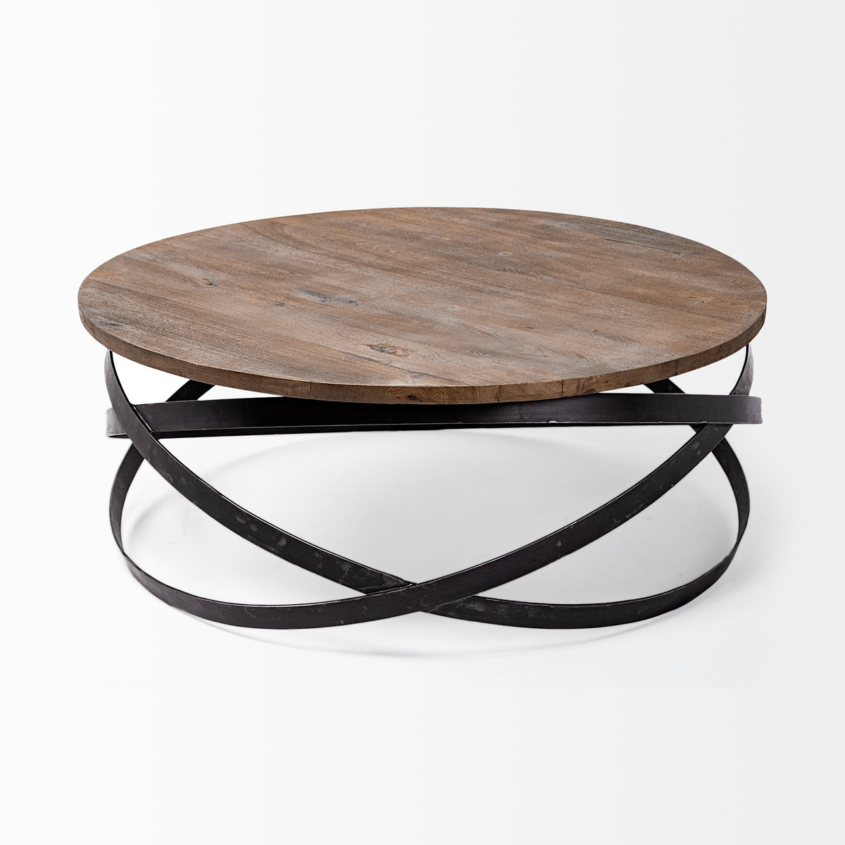 Triumph 40" Round Brown Solid Wood Top Black Metal Base Coffee Table-Coffee Tables-DECOROLALA