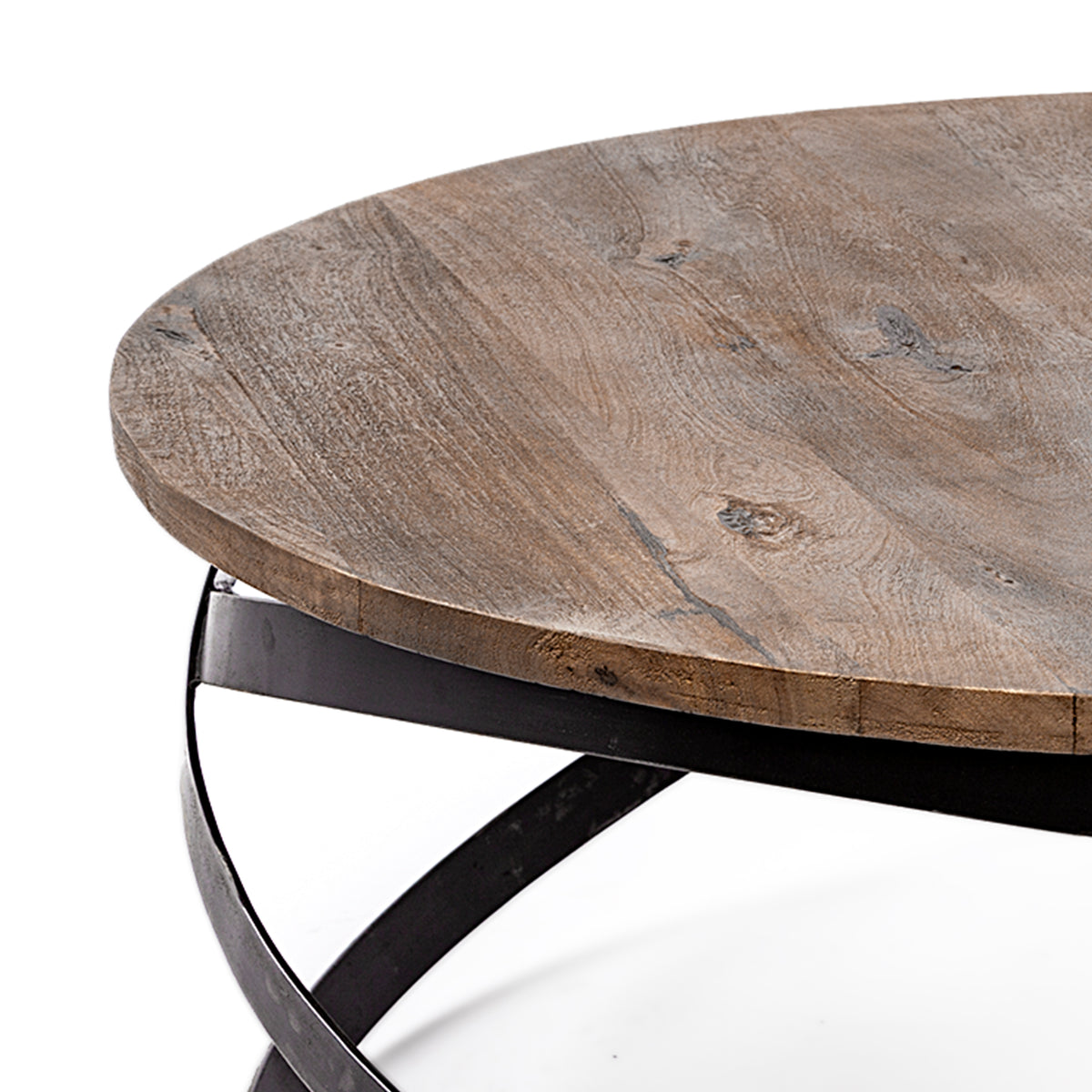 Triumph 40" Round Brown Solid Wood Top Black Metal Base Coffee Table-Coffee Tables-DECOROLALA