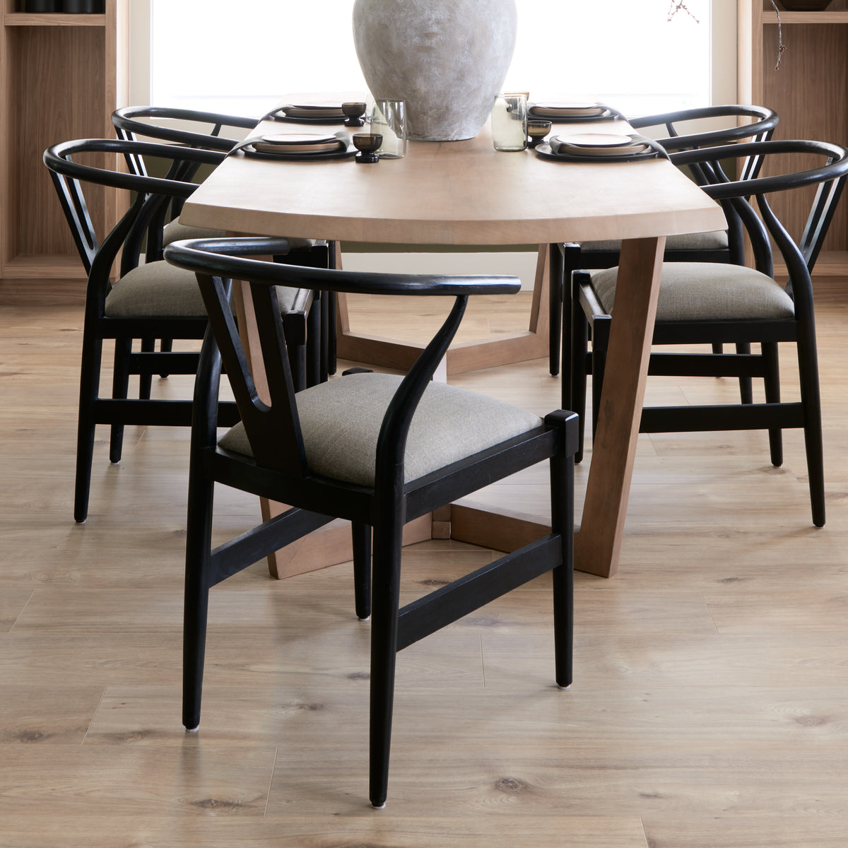 Trixie Curved Back Dining Arm Chair | Cream Fabric w/ Wood-Dining Chairs-DECOROLALA