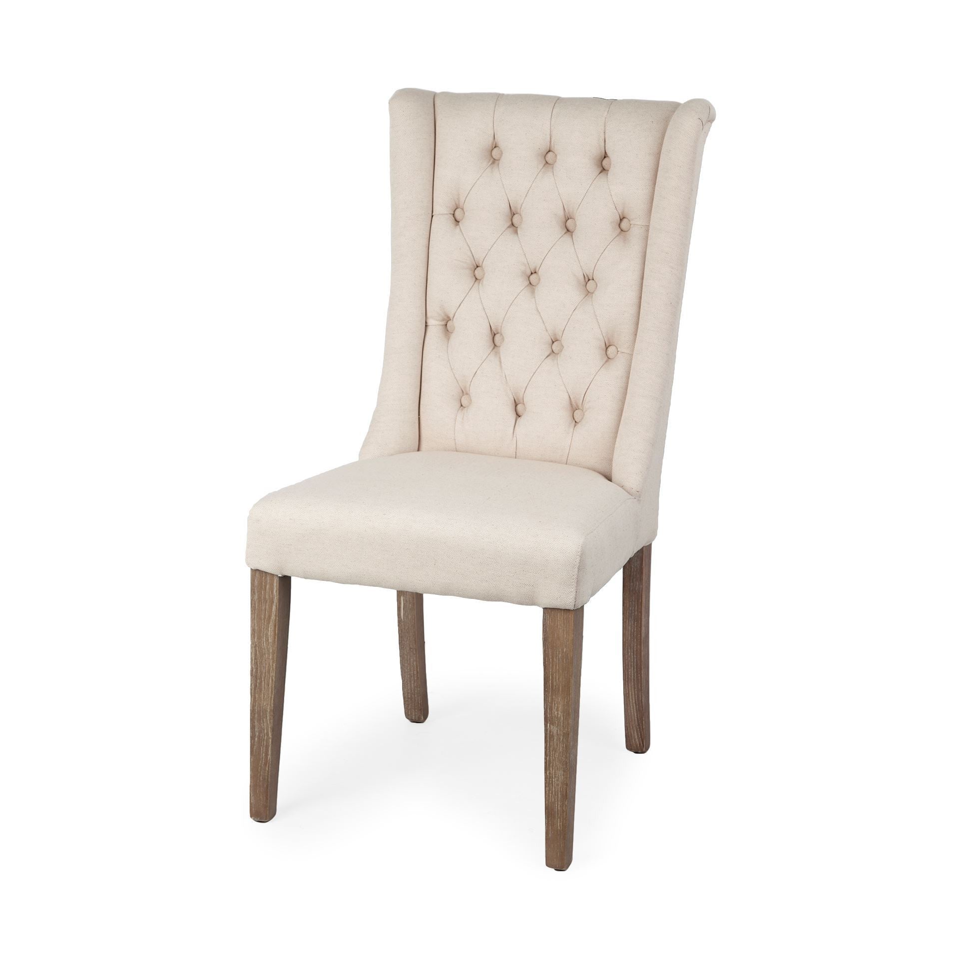 Tufted Cream and Brown Upholstered Linen Wing Back Dining Side Chair-Dining Chairs-DECOROLALA