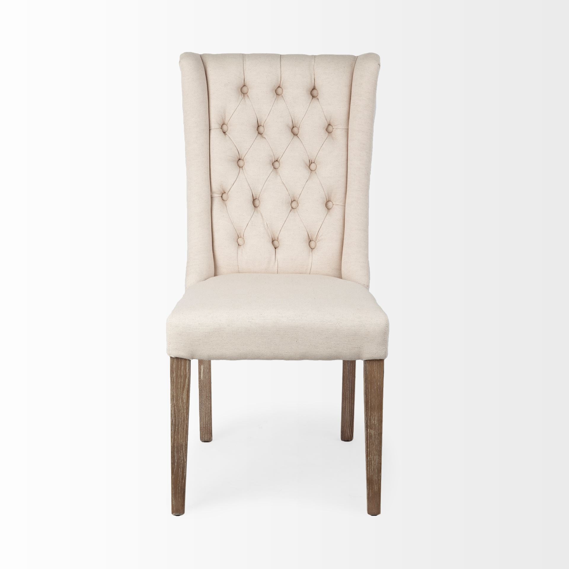 Tufted Cream and Brown Upholstered Linen Wing Back Dining Side Chair-Dining Chairs-DECOROLALA