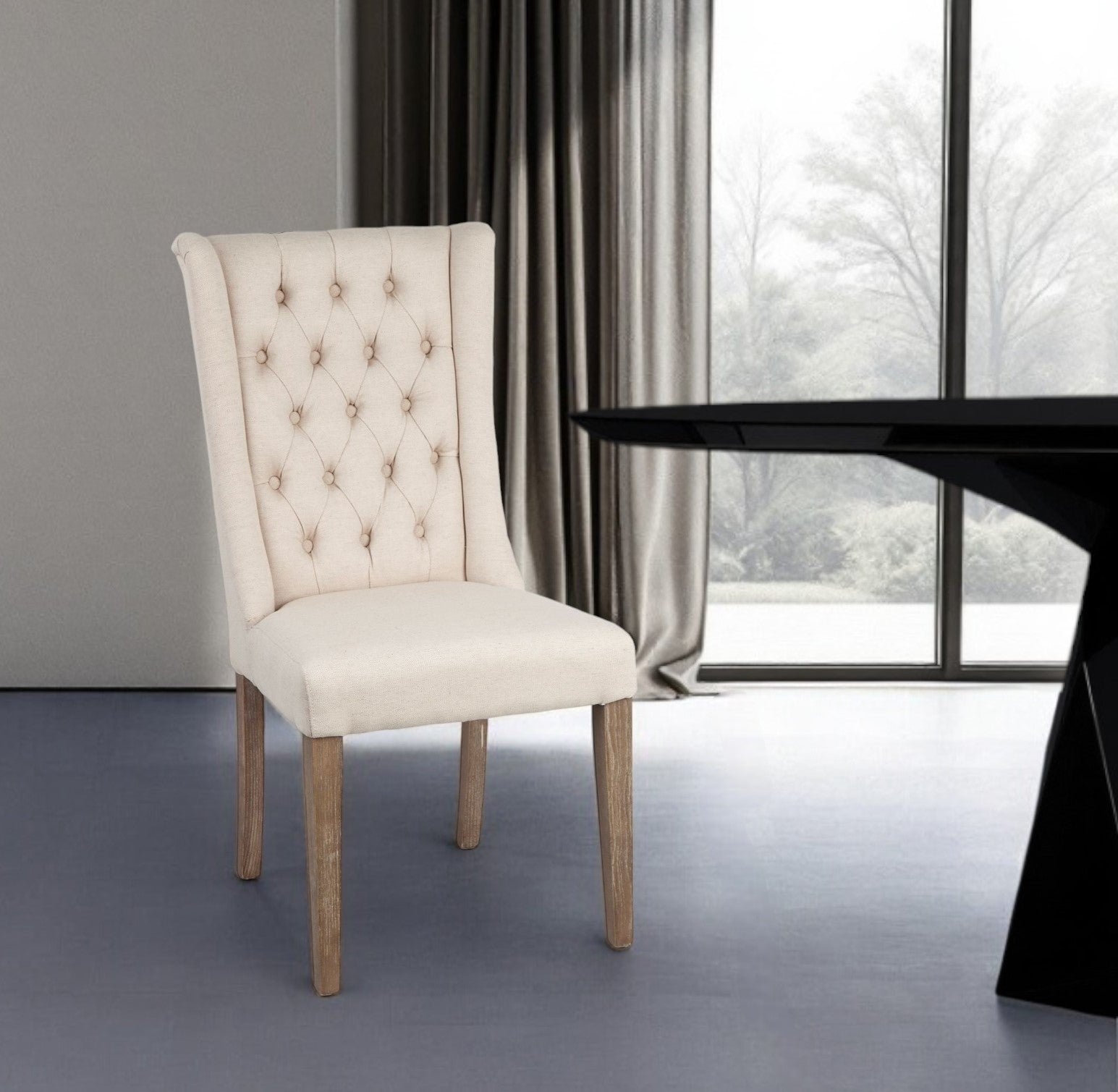Tufted Cream and Brown Upholstered Linen Wing Back Dining Side Chair-Dining Chairs-DECOROLALA