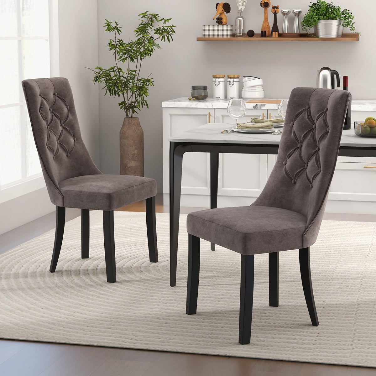 Tufted Dining Chairs Set of 2 with High Backrest and Padded Seat-Gray-Dining Chairs-DECOROLALA