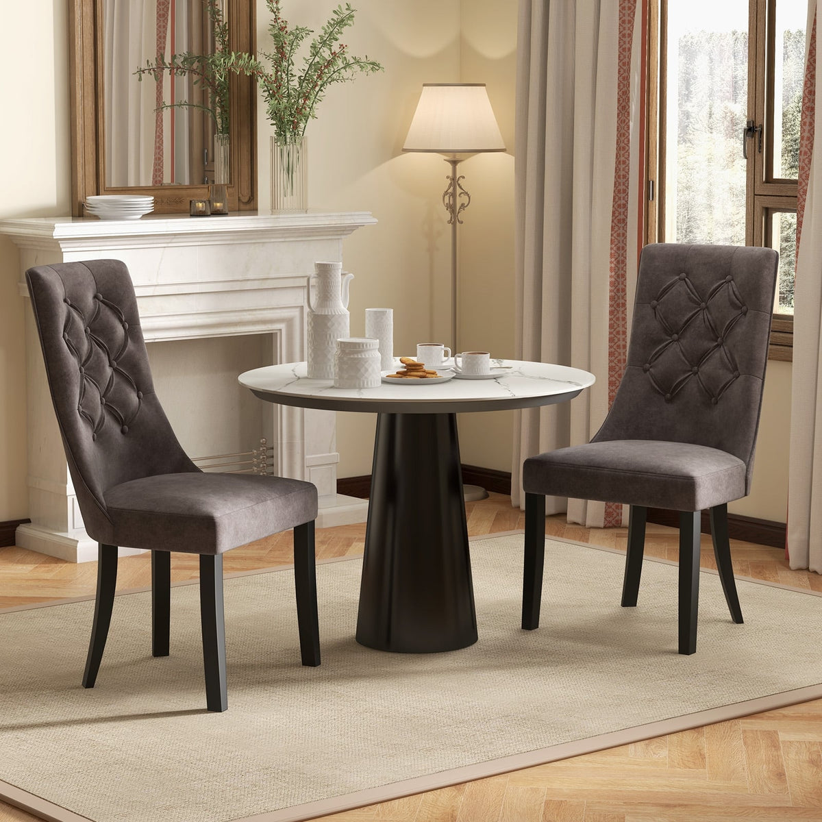 Tufted Dining Chairs Set of 2 with High Backrest and Padded Seat-Gray-Dining Chairs-DECOROLALA