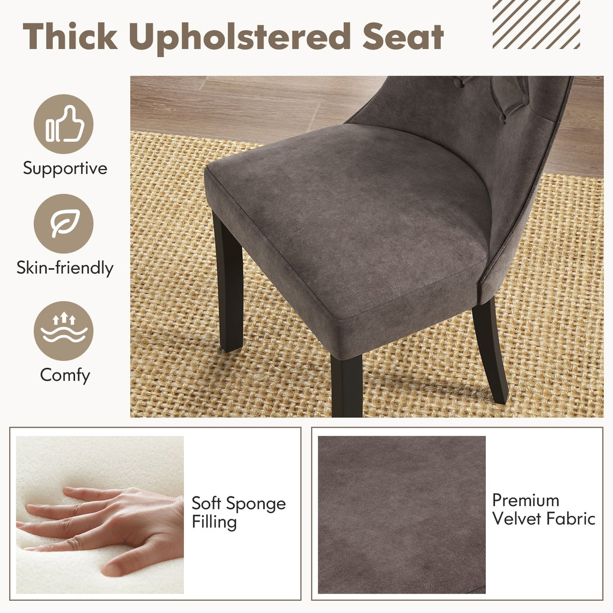 Tufted Dining Chairs Set of 2 with High Backrest and Padded Seat-Gray-Dining Chairs-DECOROLALA