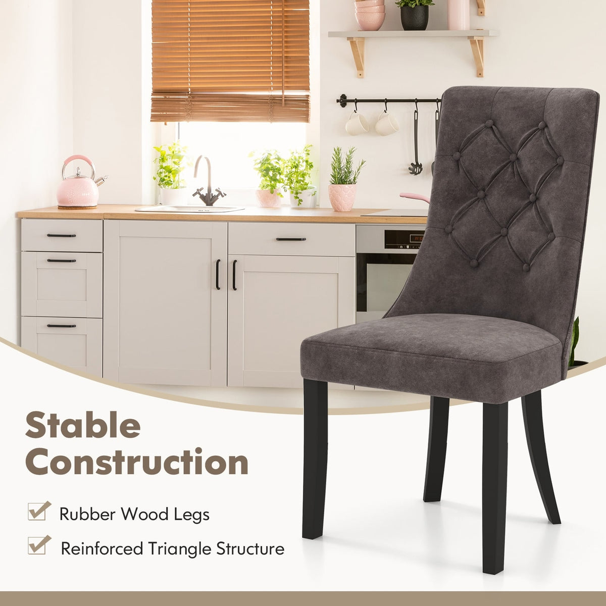 Tufted Dining Chairs Set of 2 with High Backrest and Padded Seat-Gray-Dining Chairs-DECOROLALA