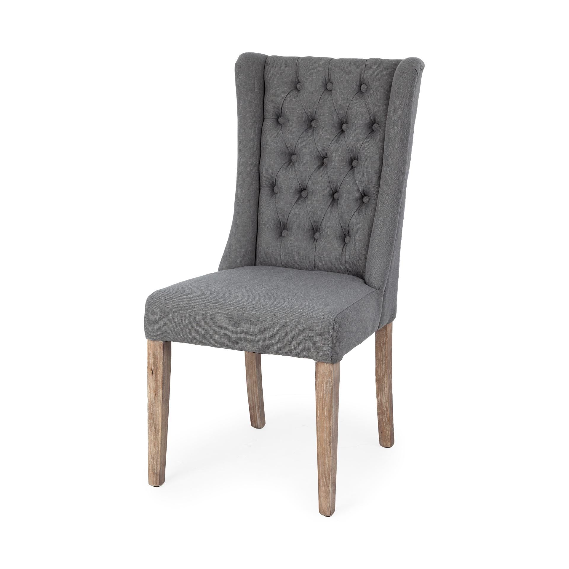 Tufted Gray and Brown Upholstered Linen Wing Back Dining Side Chair-Dining Chairs-DECOROLALA