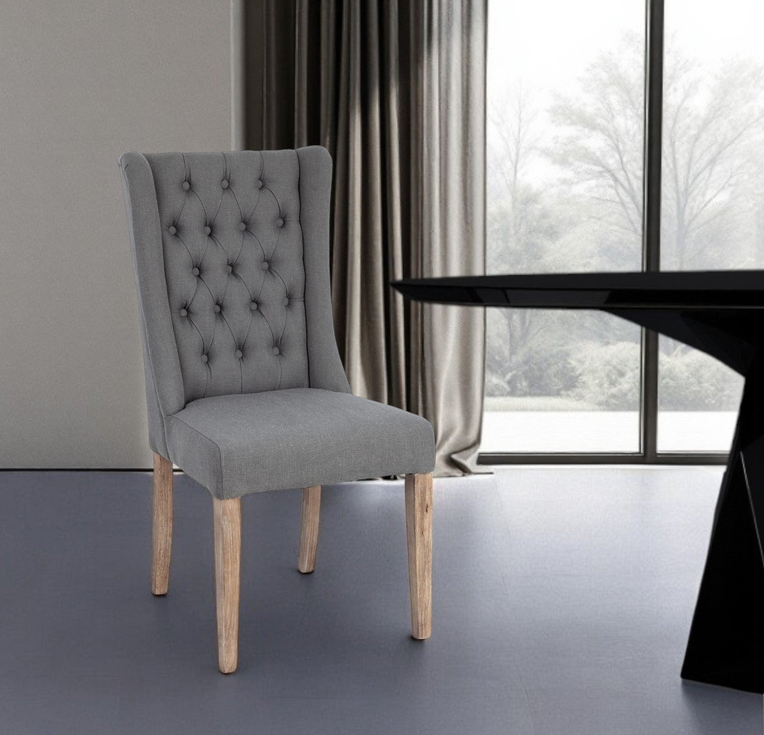 Tufted Gray and Brown Upholstered Linen Wing Back Dining Side Chair-Dining Chairs-DECOROLALA