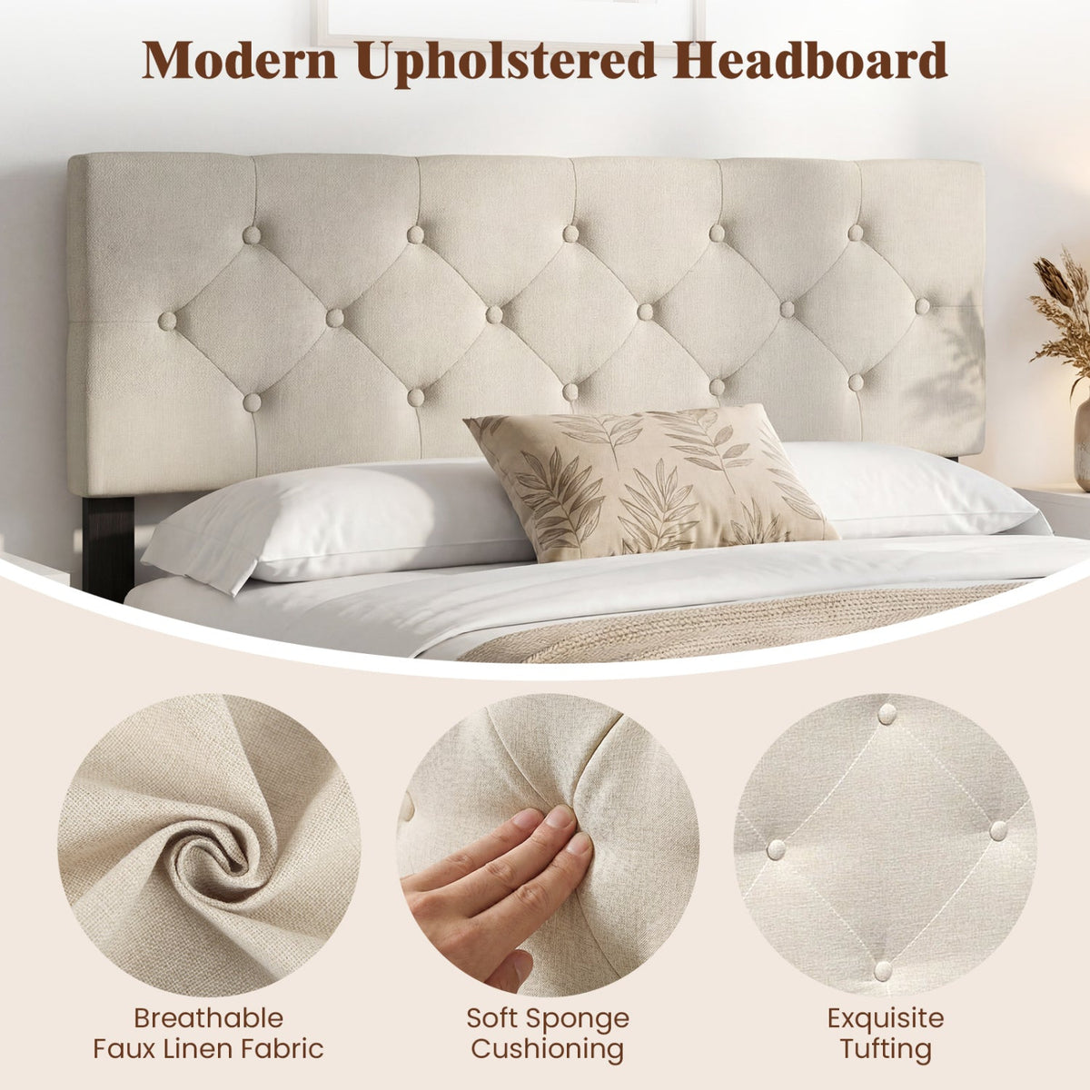 Tufted Linen Upholstered Headboard - Full/Queen Adjustable Panel-Headboards-DECOROLALA