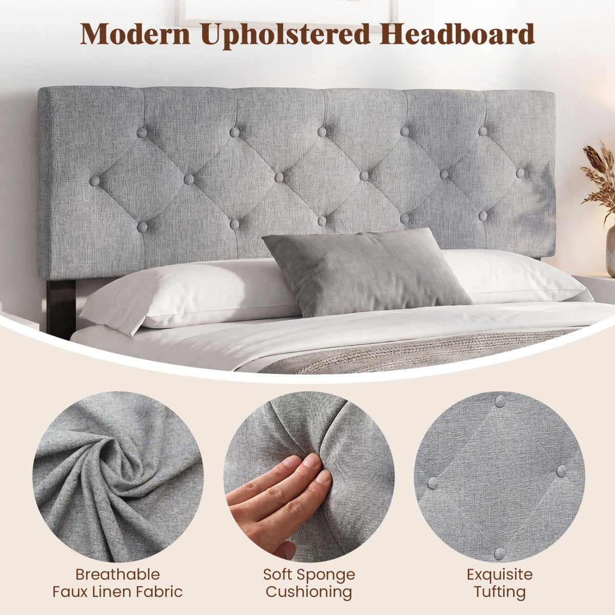 Tufted Linen Upholstered Headboard - Full/Queen Adjustable Panel-Headboards-DECOROLALA