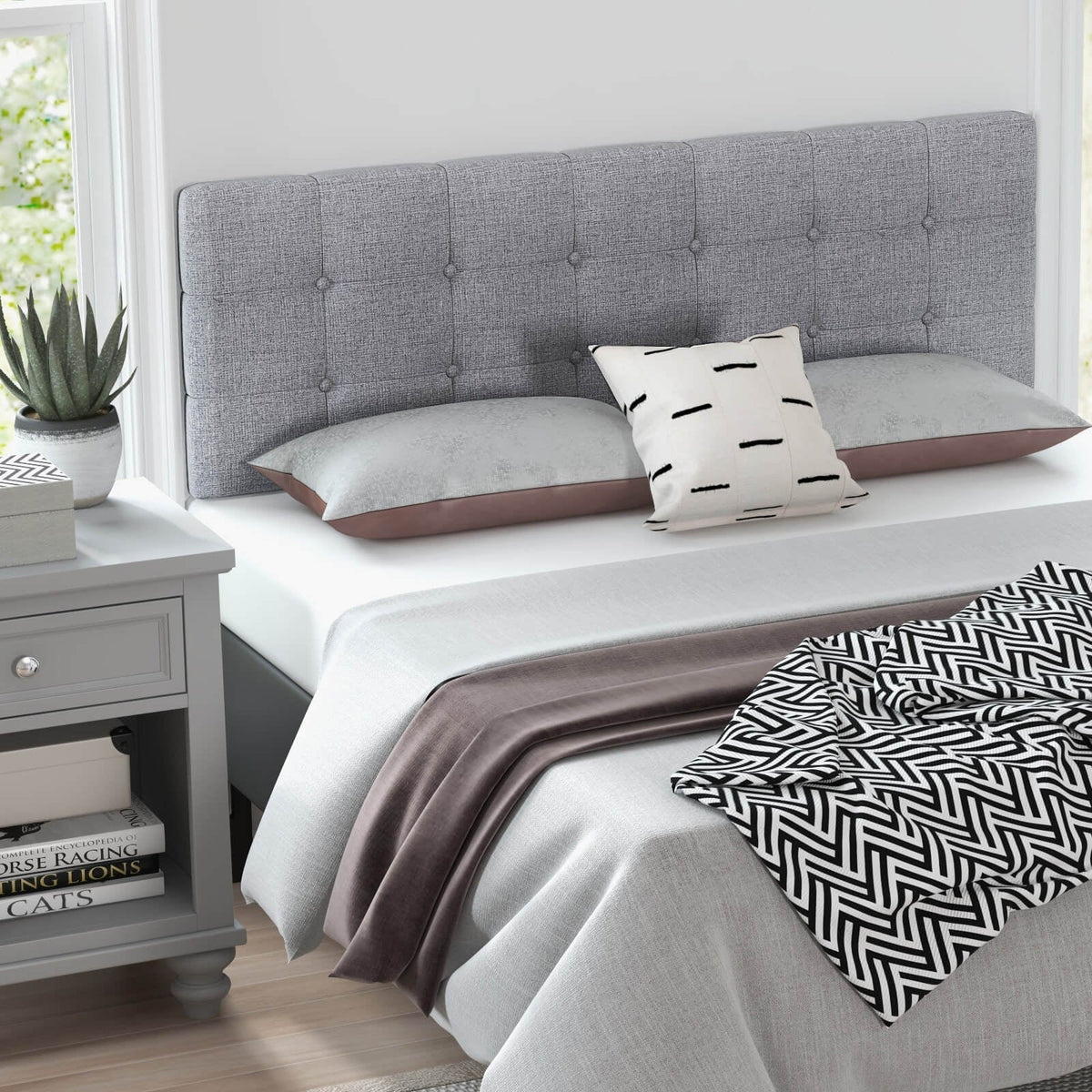 Tufted Linen Upholstered Headboard - Gray Full/Queen Size-Headboards-DECOROLALA