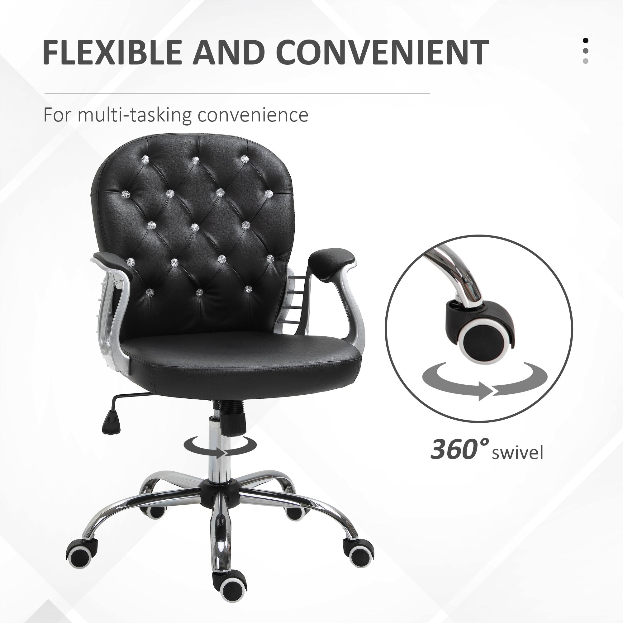 Tufted PU Leather Office Chair - Black Crystal Backrest-Office Products > Office Furniture > Office Chairs > Task Chairs-DECOROLALA