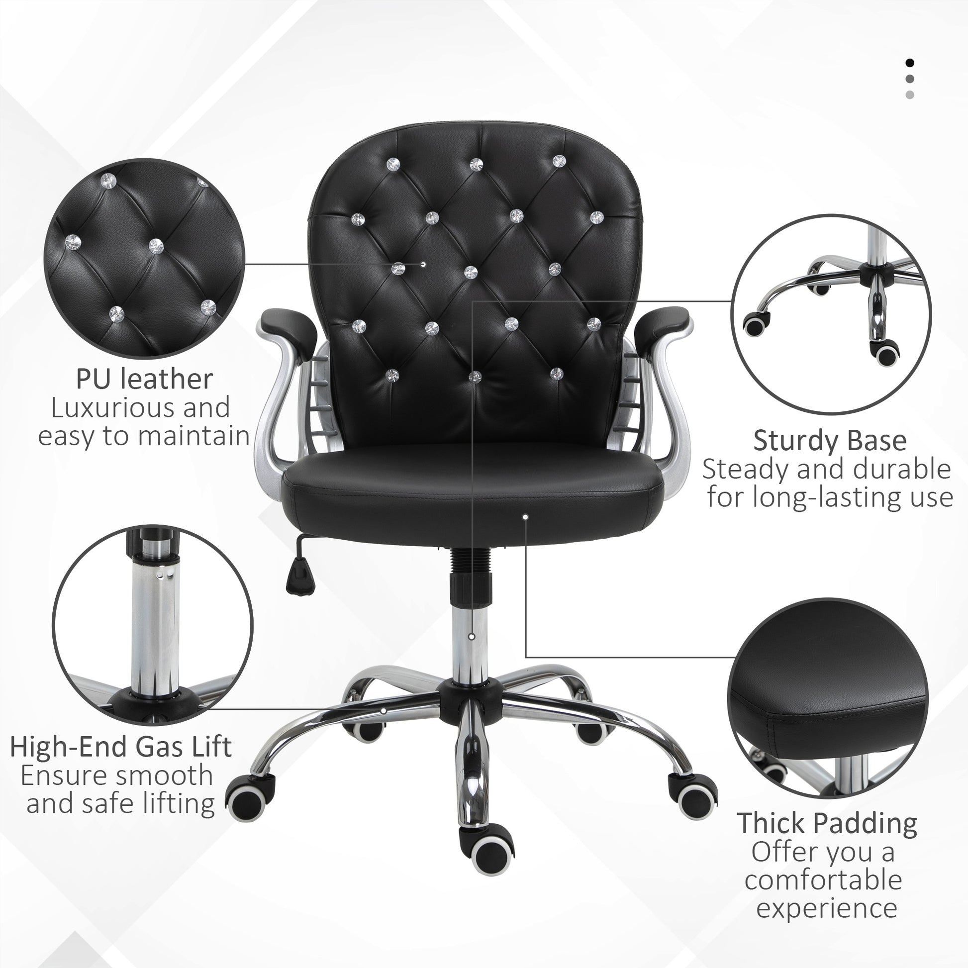 Tufted PU Leather Office Chair - Black Crystal Backrest-Office Products > Office Furniture > Office Chairs > Task Chairs-DECOROLALA