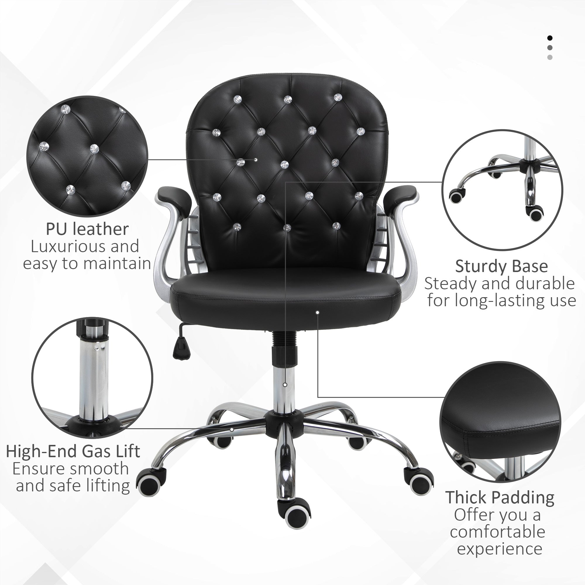 Tufted PU Leather Office Chair - Black Crystal Backrest-Office Products > Office Furniture > Office Chairs > Task Chairs-DECOROLALA