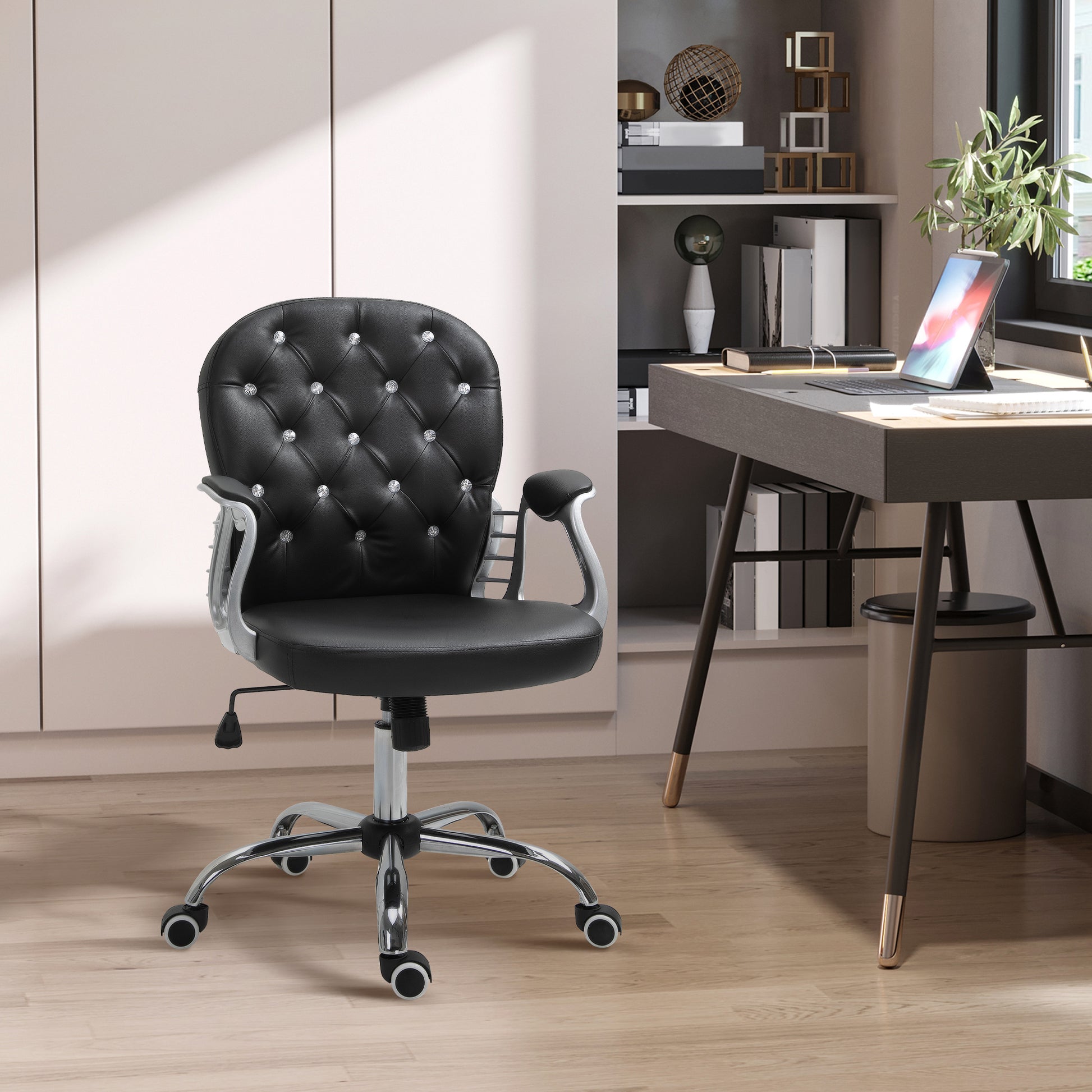 Tufted PU Leather Office Chair - Black Crystal Backrest-Office Products > Office Furniture > Office Chairs > Task Chairs-DECOROLALA