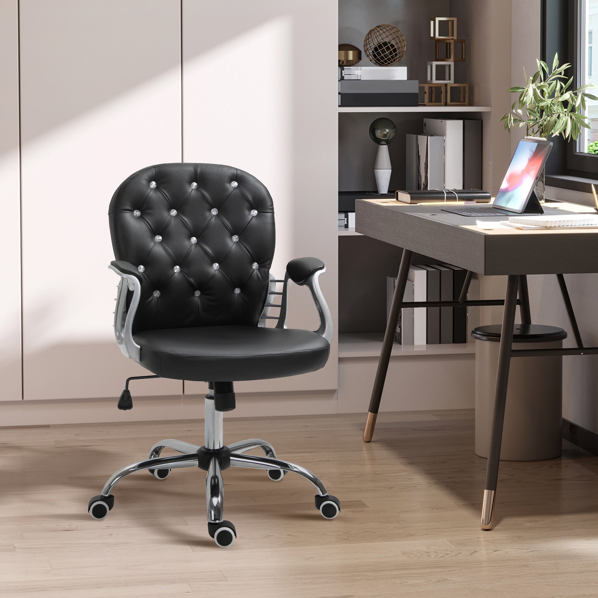 Tufted PU Leather Office Chair - Black Crystal Backrest-Office Products > Office Furniture > Office Chairs > Task Chairs-DECOROLALA